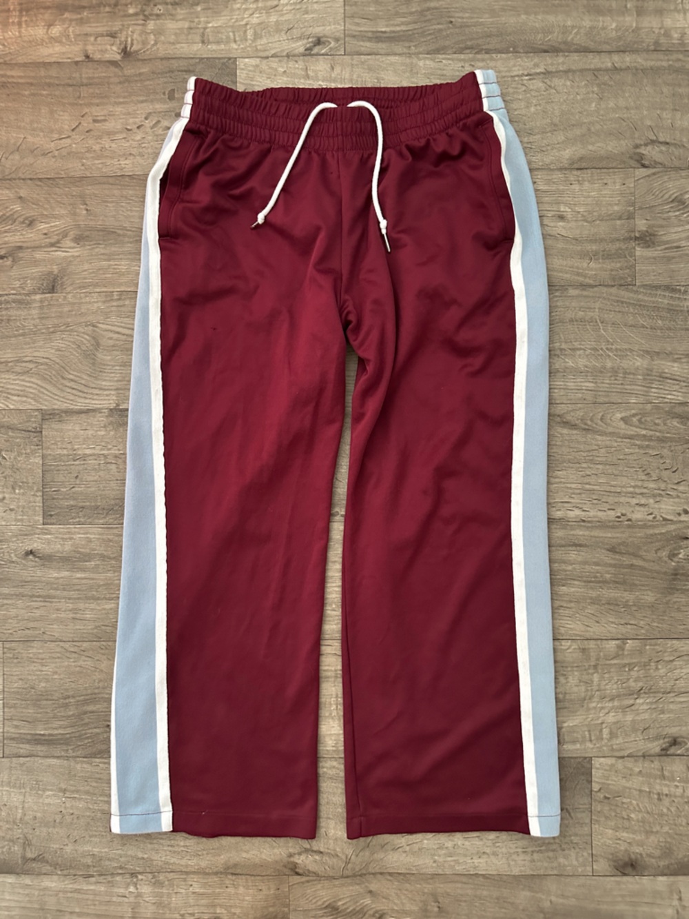 Abercrombie & Fitch Maroon Track Pants with Light Blue & White Stripes